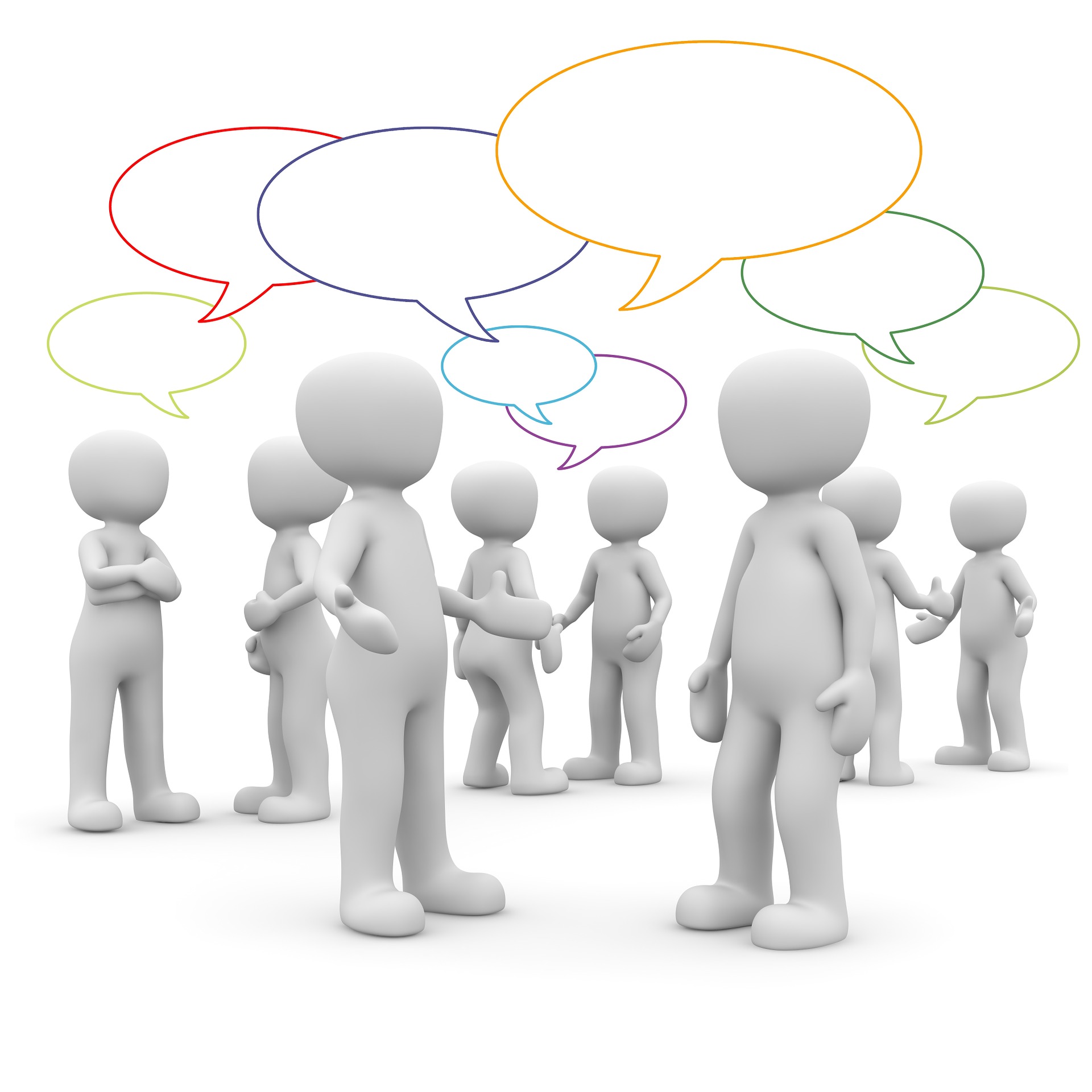 meeting-gf191f6292_1920 3D figures stand in groups, talking with colourful, empty speech bubbles above their heads.
