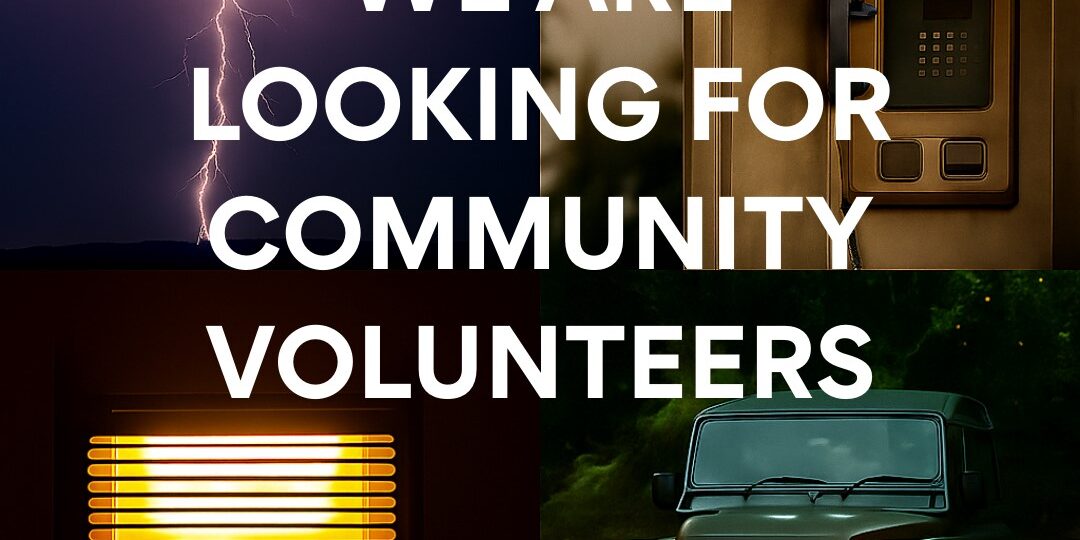 We are looking for community volunteers over images of lightning, phone, heater, and jeep.