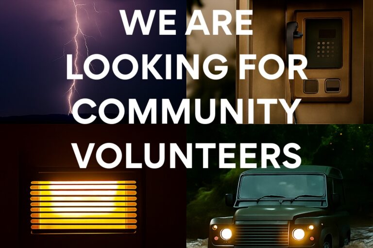 We are looking for community volunteers over images of lightning, phone, heater, and jeep.