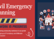 Civil Emergency Planning poster with workers, icons, and Work in Progress caution graphic.