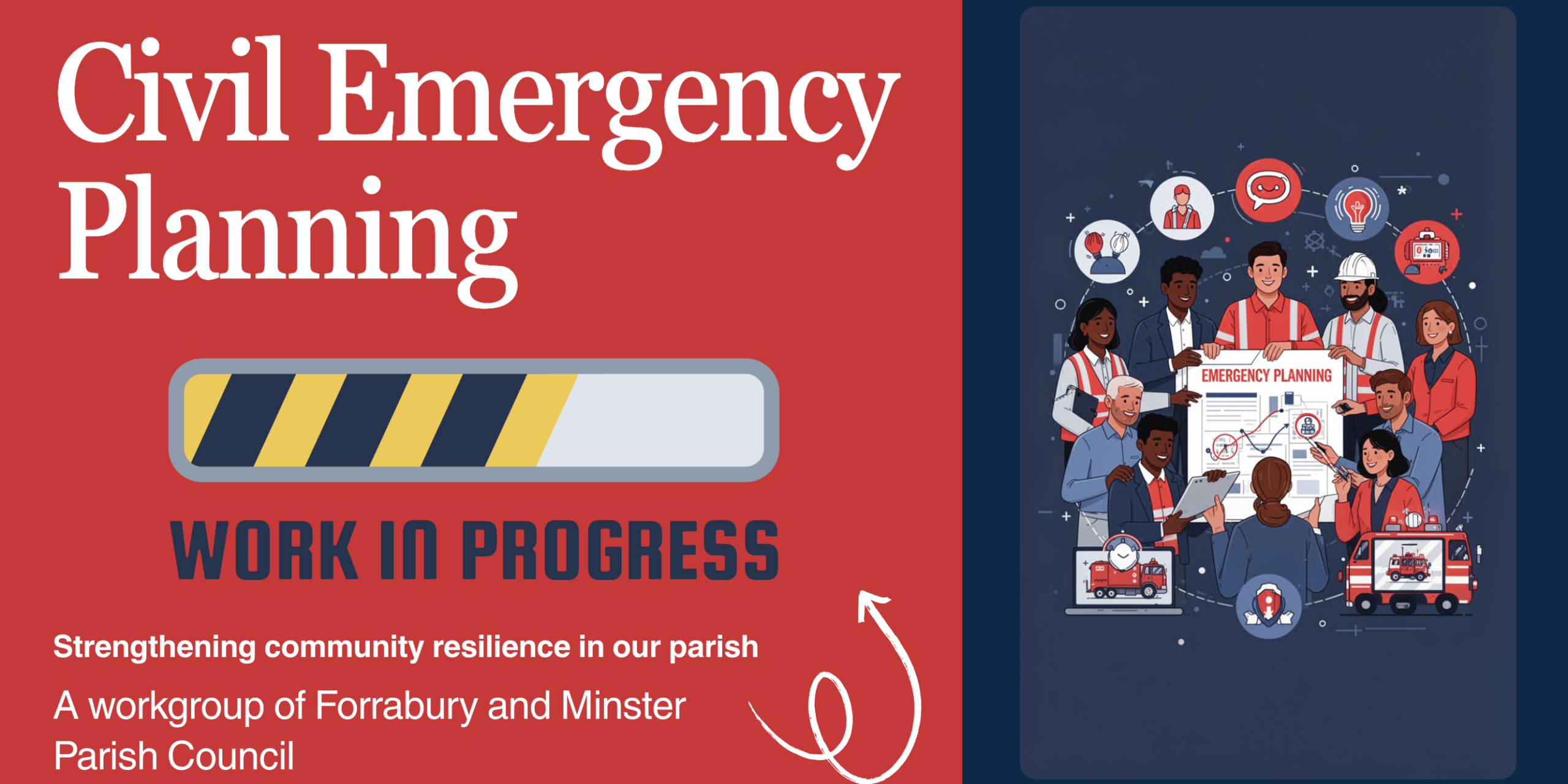 Screenshot 2026-03-20 at 2.04.54 pm Civil Emergency Planning poster with workers, icons, and Work in Progress caution graphic.