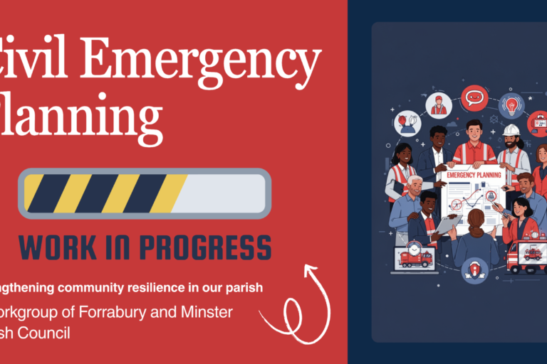 Civil Emergency Planning poster with workers, icons, and Work in Progress caution graphic.